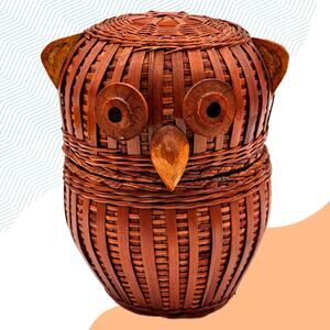 Vintage Wicker Owl Basket Mid Century Decor